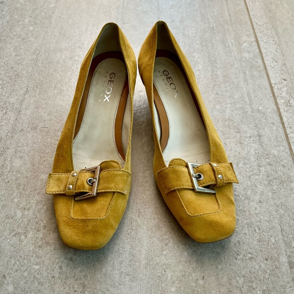 Geox Yellow Suede Flats with Silver Buckle